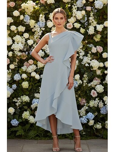  A-Linie Asymmetrisch Knöchellänge Partykleid Cocktailkleid Kleider für Hochzeitsgäste Elegant Ärmellos Ein-Schulter Gartenparty Hochzeitsgast Chiffon Stretch-Crêpe mit Gerafft Rüschen Einfarbig