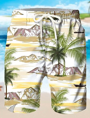  Homme Cocotier Feuille de palmier Plantes Tropicales Shorts de survêtement Shorts de plage shorts en tissu éponge Taille Moyenne Hawaïen Vacances à la Plage Cordon de serrage Taille Élastique