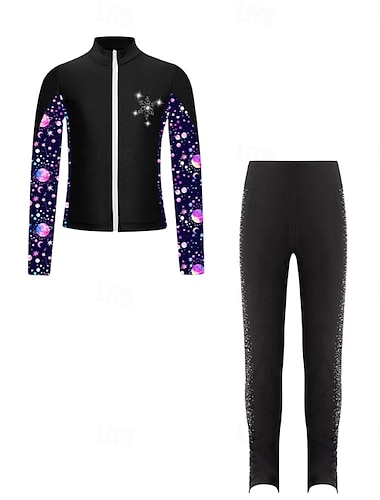  Kunstschaatsjas met broek voor dames en meisjes, ijsschaatsbroek/legging, outfit in zwart, blauw, fuchsia, fleece, spandex, rekbaar, trainings-, oefen- en wedstrijdschaatskleding, thermisch, warm.