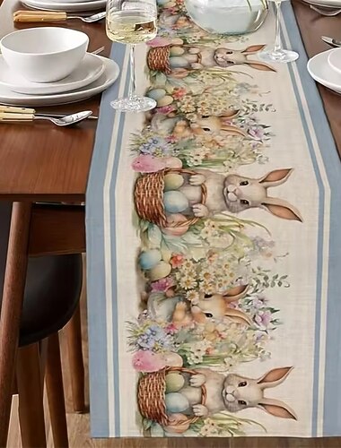  Bieżnik na stół z wielkanocnym zajączkiem 12,99 x 70,86 cala, akwarelowe jajka zajączka, kwiaty, wiosenna dekoracja stołu do jadalni i kuchni, rustykalny lniany bieżnik na stół świąteczny do dekoracji imprezowych w domu w stylu wiejskim