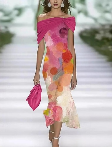  Damen Midikleid Etui-Kleid Trompeten- Meerjungfrauenkleid A Linie Kleid Elegant Urlaub Party Täglich Outdoor Büro Blumen Grafik Kurzarm Kalter Schulter-Ausschnitt Rosa