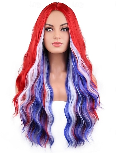  Perruque du 4 juillet pour femmes longue bouclée rouge blanche et bleue perruques de costume pour la fête de l'indépendance fête cosplay