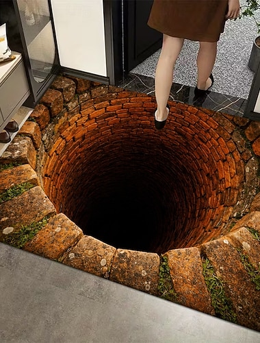  Fußmatte mit 3D-Optik-Täuschung, antikes Backsteinbrunnen-Design, 2D-Flachdruck, rustikaler und faszinierender Akzentteppich für den Eingangsbereich
