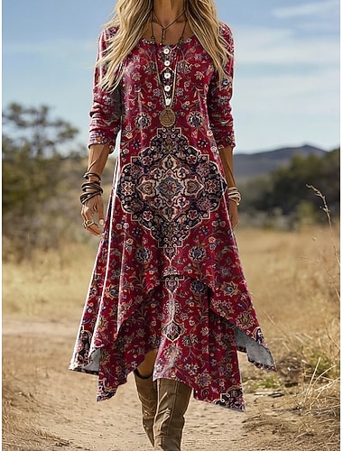  Damen Midi Kleid Boho Shift-Kleid Urlaub Party Lässig Täglich Urlaub Regulär Fit Grafik Geometrisch Paisley Langarm Rundhalsausschnitt Schwarz Pink Rot Orange Sommer Frühling Herbst