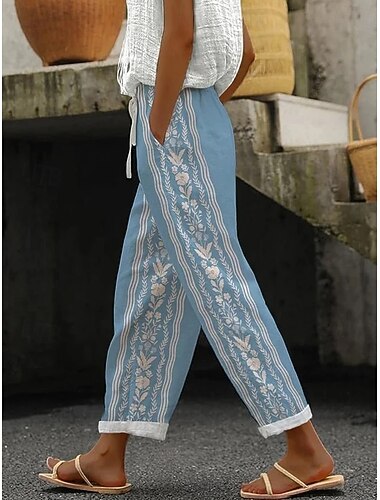  Női Vászont idéző Nadrágok Nadrágok Vakáció Alap Laza Mindennapi Bokáig Érő Közepes Derék Virágos Zsinóros Oldalsó Zsebek Nyomtatás Kényelem Lélegzés Kényelmes Rugalmatlan Vakáció Formális Utcai Kék