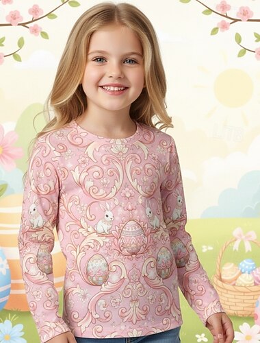  Semana Santa Chica 3D Graphic Conejo Camiseta Manga Larga Impresión 3D Primavera Otoño Deportes Moda Ropa de calle Niños 4-12 años Cuello Barco Casual Diario Exterior Ajuste regular