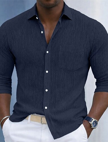  Herren Hemd Textur Freizeithemd Cordhemd Knopfhemd Schwarz Weiß Burgunderrot Marineblau Grün Langarm Einfach Hemdkragen Lässig Täglich Fronttasche Bekleidung Elegant Mode Modern Lässig
