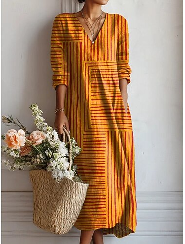  Vestido Midi de Lino para Mujer Vestido de Verano Tipo Shift Vestido en A Vacaciones Casual Boho Festivo Ajuste Suelto Gráfico Geométrico Color Bloque Manga Larga Cuello en V Azul Naranja Verano