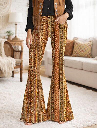  Rétro Vintage Boho Années 1970 Pantalon Pantalons à pattes d'éléphant Hippie Disco Taille haute Rayure Ethnique Déguisement Femmes Mascarade Festival de Musique Soirée Défilé de la Fierté Adulte