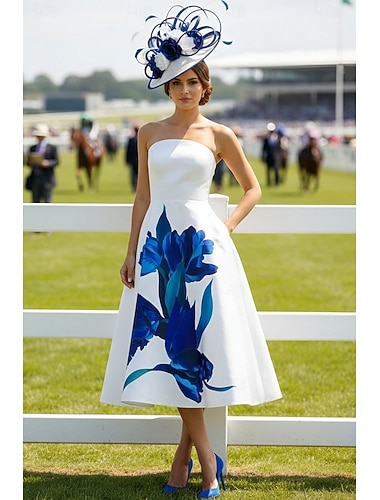  Linea ad A Lunghezza Tè Abito Derby Abito formale Elegante Senza Maniche Senza Spalline Formale Derby del Kentucky Raso con Stampa floreale