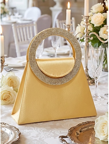  Dames satijnen avondtas met rond handvat met strasssteentjes, verkrijgbaar in verschillende kleuren, met kettingriem om over de schouder te dragen, perfect voor bruiloften en feestjes.