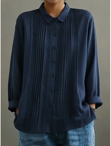  Dames Normaal shirt Overhemd met knopen Blouse Kant Lapwerk Effen Kleur Effen Bohemen Vakantie Vintage Lange mouw Strijkijzer Lange tops Buiten Feestdagen blauw Wit Geel Marineblauw Licht Paars Zomer