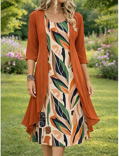  Damen Kleid-Set A Linie Kleid Urlaub Lässig Grafik Paisley-Muster Geschichtet Druck Midikleid Halbarm Rundhalsausschnitt Täglich Rote Orange Grün Sommer Frühling Normale Passform