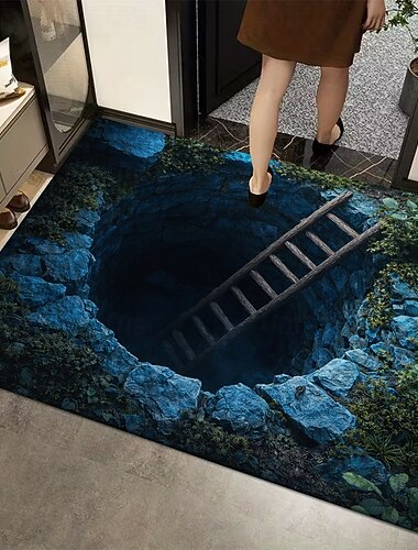  3Dの錯覚的な玄関マット、深井戸、木製はしごデザイン、2Dフラットプリント、リアルな玄関アクセントラグ、ホームデコレーション用