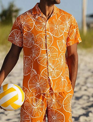  Voor heren Fruit 2 stuks Overhemden Sets Overhemd Korte mouw Korte broek Cubaanse kraag Vakantie Casual Dagelijks Feest 3D-afdrukken Zomer Oranje