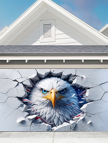  Garagentorabdeckung zum 250. Jahrestag der USA: Optische 3D-Täuschung eines Weißkopfseeadlerkopfes aus 2D-Druck, Hintergrunddesign mit Rissen an der Wand, patriotische Dekoration für die Feierlichkeiten zum 4. Juli.