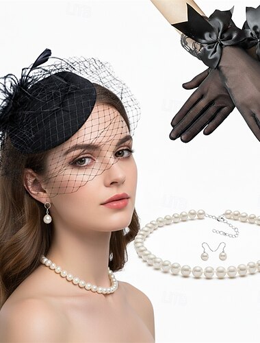  Elegante Retrò Vintage Guanti Collana Cappello Fascinator Gentildonna Piuma Costume Per donna Mascherata Ascot Festival delle corse di cavalli Adulti Copricapo Tutte le stagioni