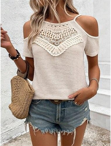  Dames Top met open schouders Wafelgebreide tops Kant Lapwerk Geborduurd Effen Kleur Elegant Stijlvol Casual Korte mouw koude schouder Normale tops Dagelijks Uitgaan Zwart Abrikoos Zomer Lente