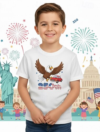  100 % bomull Barn Pojkar Blå Svart Vit Grafisk Örn 250-årsjubileum T-shirt Blus Rund hals Kortärmad Utomhus Vardag Mode Streetwear Designer Tryck Sommar Vår
