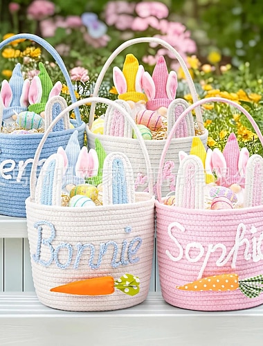  Tee-se-itse-nimikkokori, tyhjä valkoinen puuvillaköydestä kudottu pääsiäismunajahtilaukku korvilla, uudelleenkäytettävä personoitu lahjaämpäri lapsille taaperoille tytöille ja pojille (tyhjä tee-se-itse-käyttöön)