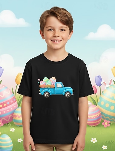  100 % bomull Påsk Barn Pojkar Blå Svart Vit Grafisk Bilar T-shirt Blus Rund hals Kortärmad Dagligen Utomhus Påsk Mode Streetwear Designer Tryck Sommar Vår