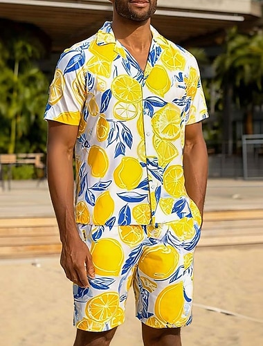  Miesten Hedelmä 2kpl Paidat Setit Paita Lyhythihainen Lyhyet housut Kuubalainen kaulus Loma Kausaliteetti Päivittäin Juhla 3D-tulostus Kesä Keltainen