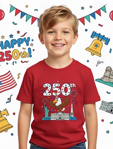  100% katoen Kinderen Jongens blauw Zwart Wit Grafisch Adelaar 250-jarig jubileum T-shirt Blouse Strakke ronde hals Korte mouw Buiten Dagelijks gebruik Modieus Streetwear Ontwerper Opdrukken Zomer
