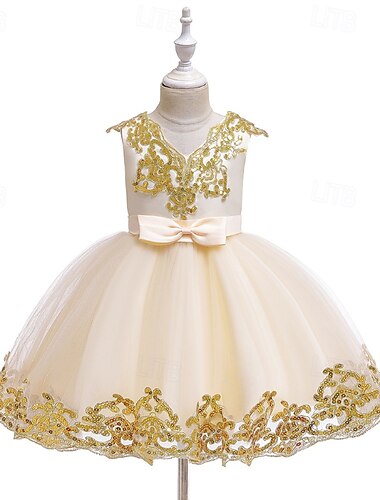  שמלה לנערת הפרחים  בנות שמלה פורמלית לבוש חתונה מפלגה חתונה רשמי אופנתי לוליטה נסיכות פאייטים טלאים פרחוני ללא שרוולים צווארון V פול שחור 4 שנים +