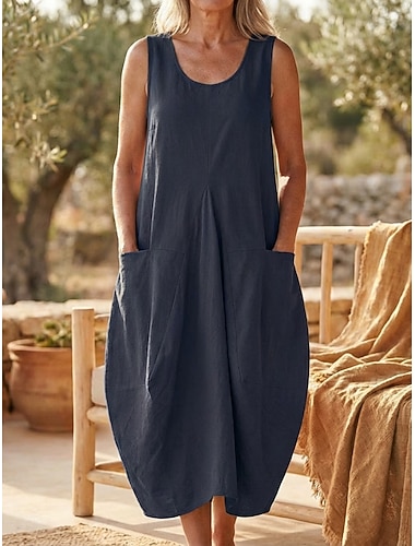  Dam Knälång klänning 100% Bomuld Skiftklänning Solklänning Linneklänning Mode Modern Utomhus Semester Helgdag Lös passning Slät Ärmlös Rund hals Armégrön Marinblå Orange Beige Sommar Vår