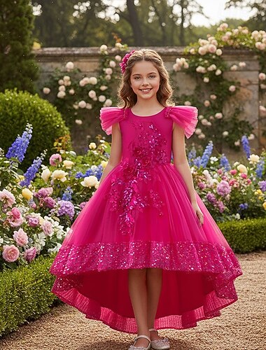  שמלה לנערת הפרחים  בנות שמלה פורמלית לבוש חתונה מפלגה חתונה רשמי נסיכות שמלת לחם הקודש הראשון פאייטים טלאים צבע אחיד שרוול קצר צווארון עגול קצר פול ורוד מסמיק 4 שנים +