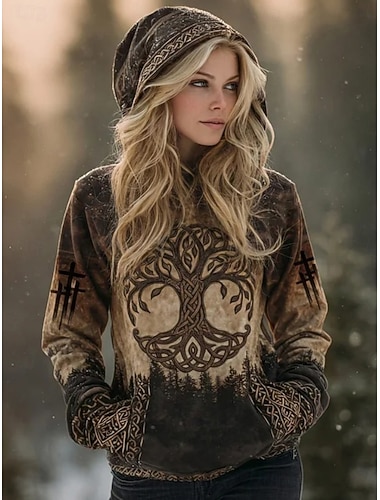  Dame Pullover hettegenser-genser Lapper Trykt mønster Lomme foran Grafisk Geometrisk Stamme Årgang Fritid Bohem Langermet Med hette Vanlige topper Avslappet Gate Hverdag Brun Høst Vinter