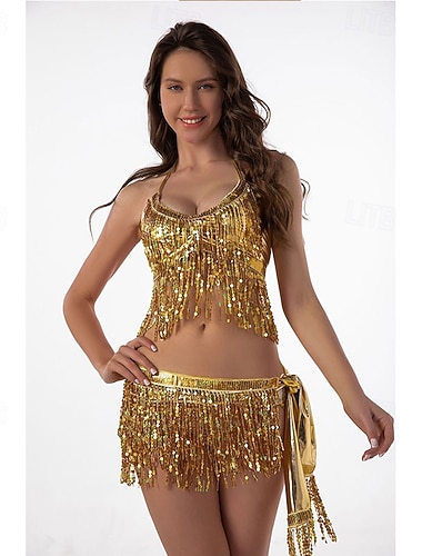  Samba Dancewear Gull Shimmer Paljett Frynse Magedanse Setl Performanc kostyme