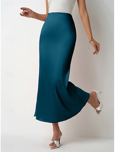  Dam Satinkjolar Elegant Vintage Mode Ledigt Midi Hög midja Kjolar Slät Rynkad Lappverk Oelastisk Dagligen Kontor / Karriär Marin Svart Rosa Rubinrött Sommar Elastan Satäng
