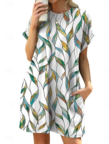  Damen Minikleid T-Shirt-Kleid Shiftkleid Urlaub Lässig Outdoor Ausgehen Lässiger Schnitt Blumen Blatt Kurzarm Rundhalsausschnitt Marineblau Weiß Rote Grün Sommer Frühling