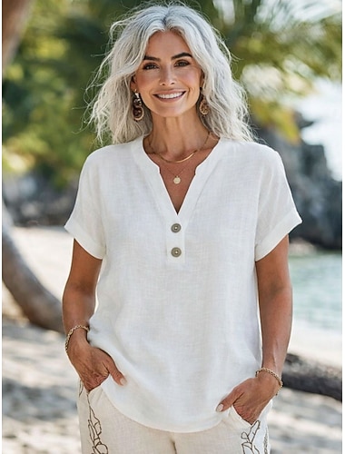  Damen Bluse Knöpfe Einfarbig Stilvoll Lässig Kurzarm V Ausschnitt Normale Oberteile Täglich Blau Schwarz Weiß Rote Aprikose Sommer Frühling