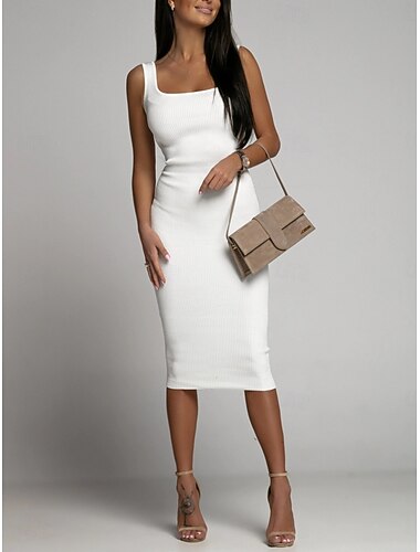  Damen Midikleid Weißes Kleid Abschlusskleid Bodycon Figurbetontes Kleid Elegant Mode Modern Outdoor Urlaub Ausgehen Normale Passform Einfach Ärmellos Quadrathals Schwarz Weiß Grün Khaki Sommer