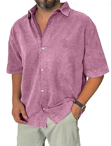  Herren Hemd Freizeithemd Knopfhemd Acid-Wash-Shirt Blau Schwarz Rosa Marineblau Purpur Kurzarm Einfach Revers Lässig Täglich Bekleidung Mode Retro Vintage Bequem