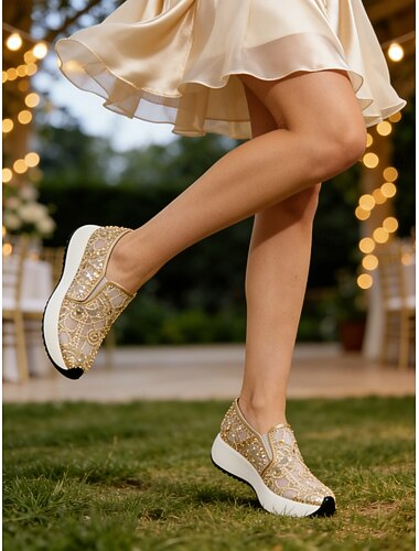  Baskets compensées à lacets pailletés pour femmes – chaussures de marche élégantes et confortables pour les invitées à un mariage, les fêtes et les voyages (or/noir/argent/rose/blanc)
