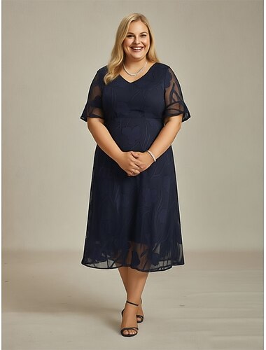  Dames Halflange jurk Chiffon jurk A lijn jurk Elegant Flutter mouw Dagelijks Strand Bruiloft gast Veters Normale pasvorm Bloemig Halve mouw Strakke ronde hals Marineblauw