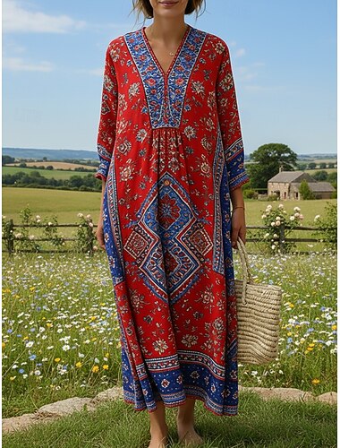  Per donna Abito Midi Abito a Tubino Vestito Casual Vintage africano Quotidiano All'aperto Vacanza Vestibilità regolare Vestibilità comoda Floreale Manica Lunga Scollo a V Rosso Estate Primavera