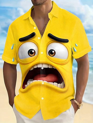  Herren Optische Täuschung 3D Zeichentrick Lächelndes Gesicht Hemd Knopfhemd Kurzarm Lustig Täglich Urlaub Sommer Frühling Umlegekragen 3D-Druck Hemden mit Kragen Gelb Purpur Orange