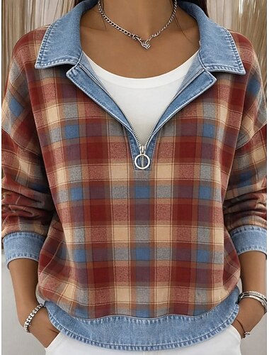  Dame Uformell jakke Hettegenser Hold Varm Bekvem Glidelås Lomme Knapper Fritid Ruter Avslappet Hjem utendørs Feriereise Kort Med hette Løstsittende Langermet Yttertøy Mørkerød Høst Vinter
