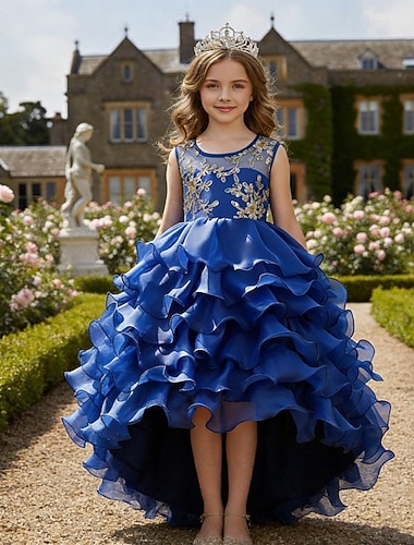  Vestido para Meninas das Flores Para Meninas Vestido formal Traje de casamento Festa Casamento Formal Princesa Patchwork Com Transparência Floral Sem Manga Gola Redonda Azul Cinzento 4 anos +