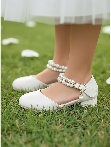  Barnesko med elfenbensfarget perlemotiv og ankelreim til blomsterpiker med strass, myk, polstret lav hæl, elegant prinsessestil for jenter, perfekte sko til bryllup med blomsterpiker til seremonier og