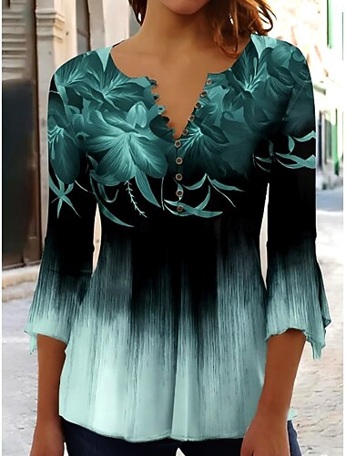  Velikonoční dámské tričko ombre květinová grafika elegantní vintage stylové 3/4 rukáv V-výstřih standardní topy na každodenní nošení knoflíky modrá růžová červená zelená léto jaro