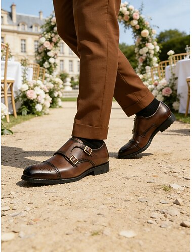  Herenschoenen van bruin imitatieleer met dubbele monniksband en brogue-details, klassieke stijl voor bruiloften, formele en zakelijke kleding