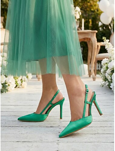  女性用の緑色の尖ったつま先のスリングバックヒール、屋外の式典での結婚式のゲストのためのエレガントなハイヒールのドレスシューズ