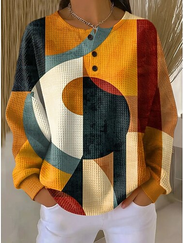  Damen Pullover Sweatshirt Knöpfe Grafik Geometrisch Elegant Vintage Mode Langarm Rundhalsausschnitt Normale Oberteile Lässig Heim Alltagskleidung Gelb Rote Braun Sommer Frühling