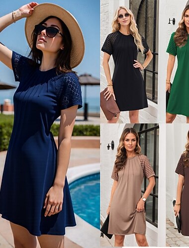  Damskie Sukienka mini Sukienka t-shirtowa Codzienny Codzienny Na zewnątrz Święto Regularny Równina Krótki rękaw Półgolf Niebieski Czarny Brązowy Zielony Lato Wiosna