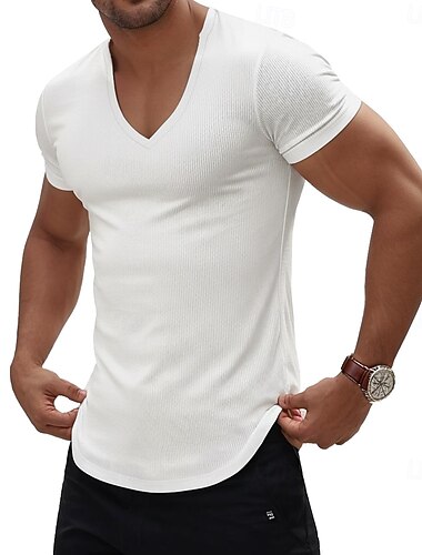  Herren T Shirt Muskelshirt Geripptes Strick-T-Shirt Kurze Ärmel V Ausschnitt Sommer Frühling Ganzjahres Einfach Designer Basic Moderne zeitgenössische Gerippt Lässig Urlaub Straße Schwarz Weiß Grau